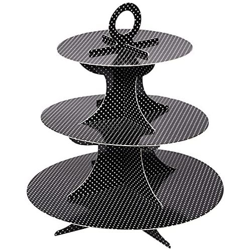  3 Tier Cardboard Cupcake Stand - Black with White Polka Dots - Cupcake Holder - Pastry Display - 13 1/2 x 13 1/2 x 14 - 1ct Box - Pastry Tek - Restaurantware