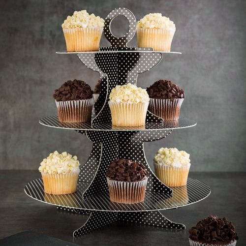  3 Tier Cardboard Cupcake Stand - Black with White Polka Dots - Cupcake Holder - Pastry Display - 13 1/2 x 13 1/2 x 14 - 1ct Box - Pastry Tek - Restaurantware