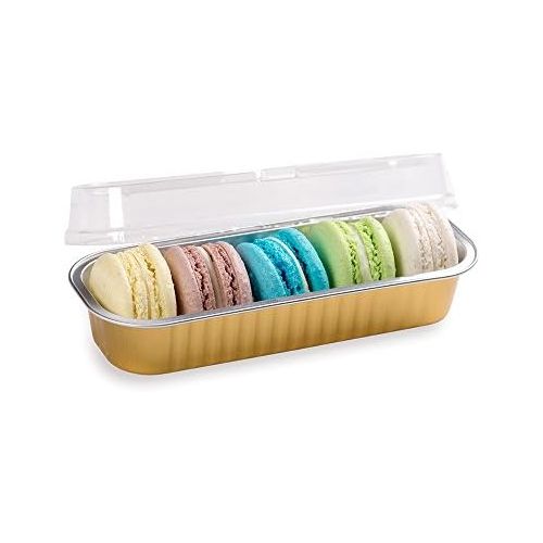  Restaurantware Premium 6.8 oz Baking Cups with Lids - Rectangle Foil Baking Loaf Pans & Lids Perfect for Fancy Desserts or Mini Snacks - Gold Pan with Clear Lid - Oven & Freezer Safe - Recyclable