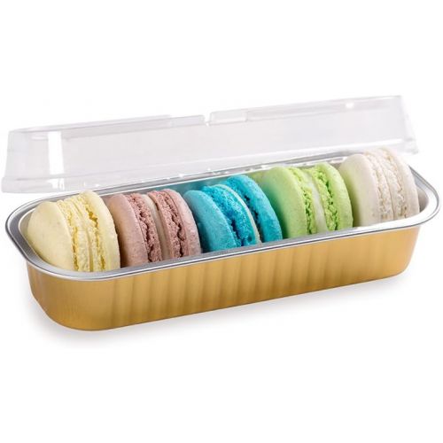  Restaurantware Premium 6.8 oz Baking Cups with Lids - Rectangle Foil Baking Loaf Pans & Lids Perfect for Fancy Desserts or Mini Snacks - Gold Pan with Clear Lid - Oven & Freezer Safe - Recyclable