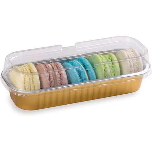  Restaurantware Premium 6.8 oz Baking Cups with Lids - Rectangle Foil Baking Loaf Pans & Lids Perfect for Fancy Desserts or Mini Snacks - Gold Pan with Clear Lid - Oven & Freezer Safe - Recyclable