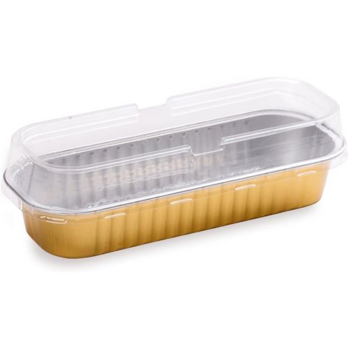  Restaurantware Premium 6.8 oz Baking Cups with Lids - Rectangle Foil Baking Loaf Pans & Lids Perfect for Fancy Desserts or Mini Snacks - Gold Pan with Clear Lid - Oven & Freezer Safe - Recyclable