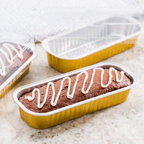  Restaurantware Premium 6.8 oz Baking Cups with Lids - Rectangle Foil Baking Loaf Pans & Lids Perfect for Fancy Desserts or Mini Snacks - Gold Pan with Clear Lid - Oven & Freezer Safe - Recyclable