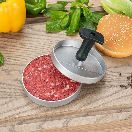  Restaurantware Met Lux 4.4 x 3.5 Inch Burger Press, 1 Non-Stick Hamburger Patty Maker - Heavy-Duty, With Handle, Black Aluminum Hamburger Patty Press, Mold For Meat Patties or Veggie Burgers, Res