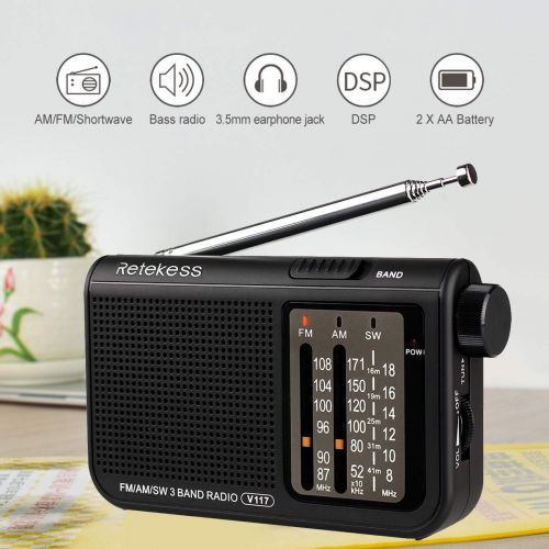  [아마존 핫딜]  [아마존핫딜]Retekess V117 Shortwave Radio Analog Radio TransistorAM FM Portable Radio Support Earphone DSP Operated by 2 AA Battery for Elder (Black)