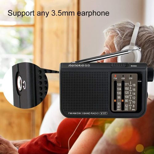  [아마존 핫딜]  [아마존핫딜]Retekess V117 Shortwave Radio Analog Radio TransistorAM FM Portable Radio Support Earphone DSP Operated by 2 AA Battery for Elder (Black)