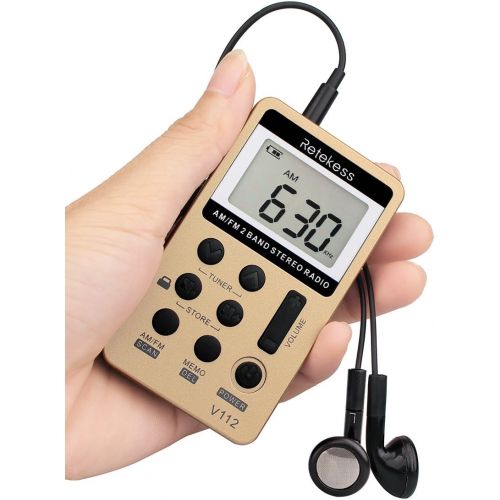  [아마존 핫딜] [아마존핫딜]Retekess V112 AM FM Radio Portable Mini Radio with Earphone Pocket Digital Tuning Rechargeable Battery LCD Display for Walking Jogging(Gold)