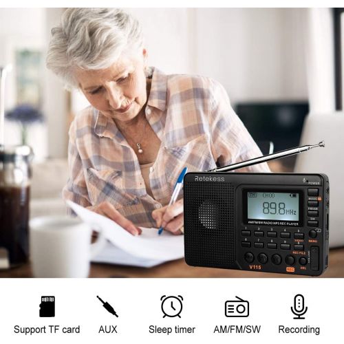  [아마존핫딜][아마존 핫딜] Retekess V115 Portable AM FM Radio with Shortwave Radio MP3 Player Digital Record Support Micro SD TF Card Sleep Timer and Rechargeable Battery(Black)