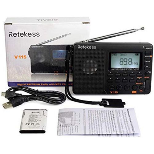  [아마존핫딜][아마존 핫딜] Retekess V115 Portable AM FM Radio with Shortwave Radio MP3 Player Digital Record Support Micro SD TF Card Sleep Timer and Rechargeable Battery(Black)