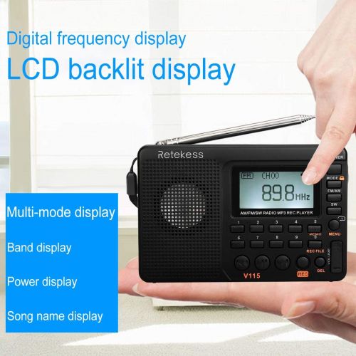  [아마존핫딜][아마존 핫딜] Retekess V115 Portable AM FM Radio with Shortwave Radio MP3 Player Digital Record Support Micro SD TF Card Sleep Timer and Rechargeable Battery(Black)