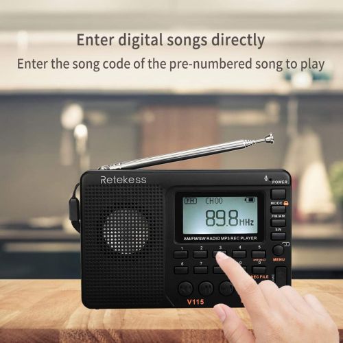  [아마존핫딜][아마존 핫딜] Retekess V115 Portable AM FM Radio with Shortwave Radio MP3 Player Digital Record Support Micro SD TF Card Sleep Timer and Rechargeable Battery(Black)