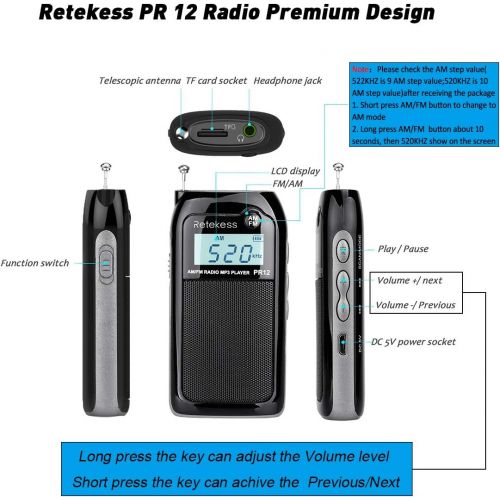  [아마존핫딜][아마존 핫딜] Retekess PR12 Mini AM FM Radio with Speaker Rechargeable Portable Transistor Walkman Pocket DSP MP3 Player Support TF Card Earphone(Black)