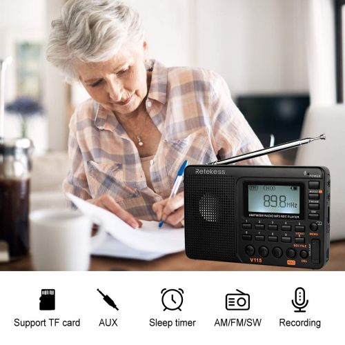  [아마존베스트]Retekess V115 Portable AM FM Radio with Shortwave Radio MP3 Player Digital Record Support Micro SD TF Card Sleep Timer and Rechargeable Battery(Black)