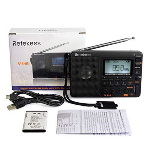  [아마존베스트]Retekess V115 Portable AM FM Radio with Shortwave Radio MP3 Player Digital Record Support Micro SD TF Card Sleep Timer and Rechargeable Battery(Black)