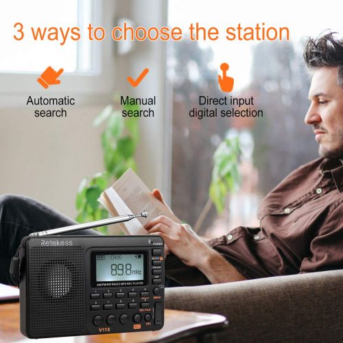  [아마존베스트]Retekess V115 Portable AM FM Radio with Shortwave Radio MP3 Player Digital Record Support Micro SD TF Card Sleep Timer and Rechargeable Battery(Black)