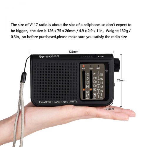  [아마존베스트]Retekess V117 Shortwave Radio Analog Radio TransistorAM FM Portable Radio Support Earphone DSP Operated by 2 AA Battery for Elder (Black)