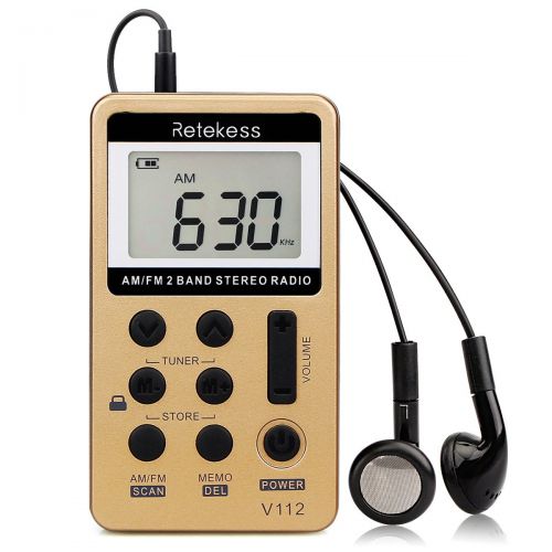  [아마존베스트]Retekess V112 AM FM Radio Portable Mini Radio with Earphone Pocket Digital Tuning Rechargeable Battery LCD Display for Walking Jogging(Gold)