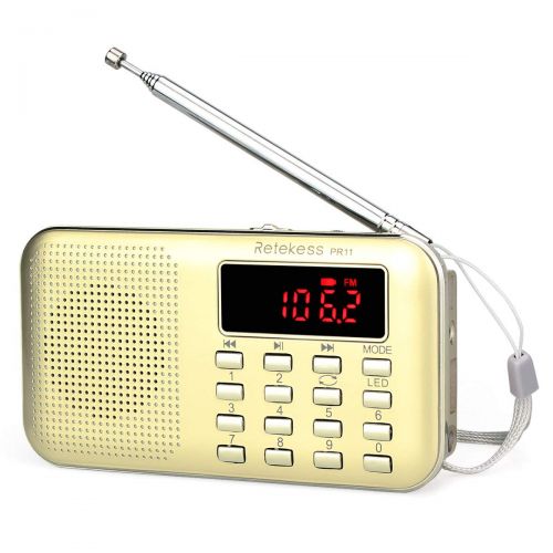  [아마존베스트]Retekess PR11 AM FM Radio Portable Rechargeable Transistor Radios Small with Headphone Jack MP3 Music Player Speaker Support Micro TF Card (Gold)