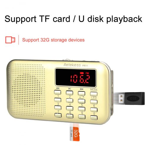  [아마존베스트]Retekess PR11 AM FM Radio Portable Rechargeable Transistor Radios Small with Headphone Jack MP3 Music Player Speaker Support Micro TF Card (Gold)