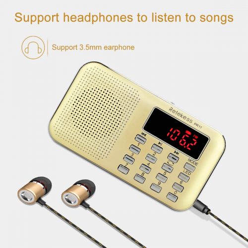  [아마존베스트]Retekess PR11 AM FM Radio Portable Rechargeable Transistor Radios Small with Headphone Jack MP3 Music Player Speaker Support Micro TF Card (Gold)