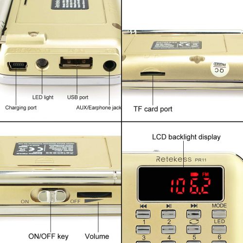  [아마존베스트]Retekess PR11 AM FM Radio Portable Rechargeable Transistor Radios Small with Headphone Jack MP3 Music Player Speaker Support Micro TF Card (Gold)