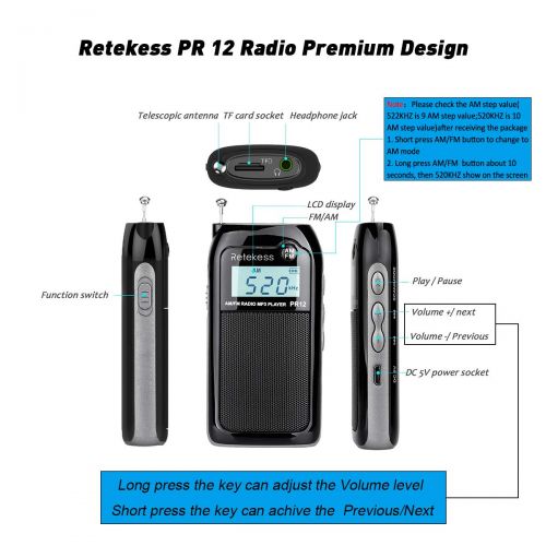  [아마존베스트]Retekess PR12 Mini AM FM Radio with Speaker Rechargeable Portable Transistor Walkman Pocket DSP MP3 Player Support TF Card Earphone(Black)