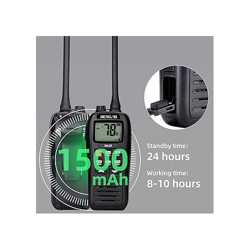  Retevis RA26 Handheld Marine Radio,Radio Marine Floating IP67 Submersible Waterproof,1500mAh,USB Charging,NOAA Weather,Backlit LCD Display,Portable Two-Way Boat Marine Radio for Kayaking Jet Ski