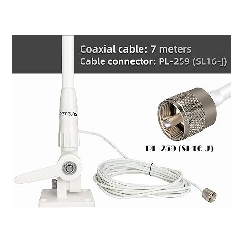  Retevis MA06 VHF Marine Antenna, 3.5DBI 43.3Inch Fiberglass Waterproof Boat Antenna, 23 Ft/7 m RG-58 Coaxial Cable with PL-259 Connector Ratchet Mount, for Retevis RA27 RM20 VHF Marine Radio(1 Pack)