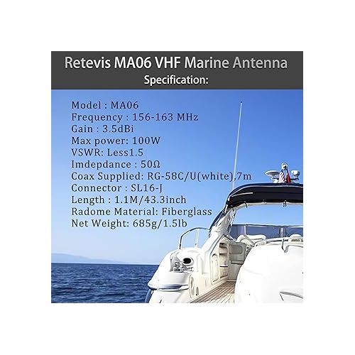  Retevis MA06 VHF Marine Antenna, 3.5DBI 43.3Inch Fiberglass Waterproof Boat Antenna, 23 Ft/7 m RG-58 Coaxial Cable with PL-259 Connector Ratchet Mount, for Retevis RA27 RM20 VHF Marine Radio(1 Pack)