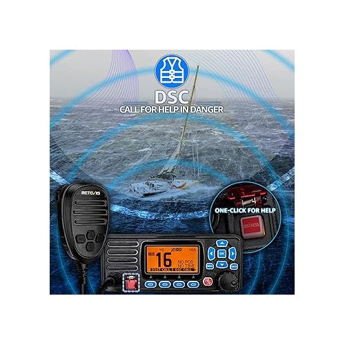  Retevis RA27 Fixed Mount Marine Radio with GPS,Waterproof IP67,Triple Watch,DSC,Emergency NOAA Weather,All USA/International/Canadian Marine Channels,Ship to Shore Radio for Boats,Black