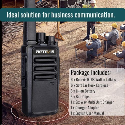  Retevis RT68 Walkie Talkies with Earpiece, Portable FRS Two-Way Radios Rechargeable, with 6 Way Multi Unit Charger, Hands Free, Long Range, Rugged 2 Way Radios 6 Pack for Adults Sc