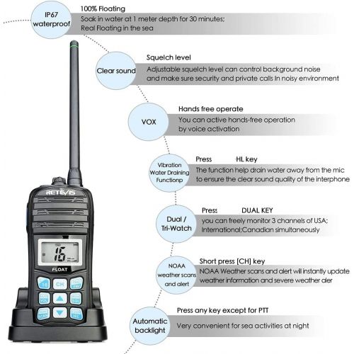  [아마존베스트]Retevis RT55 Marine Radio Handheld, Long Range Floating Walkie Talkie Waterproof IP67,NOAA Weather Alert Vibration Water Draining VHF Radio (1 Pack)