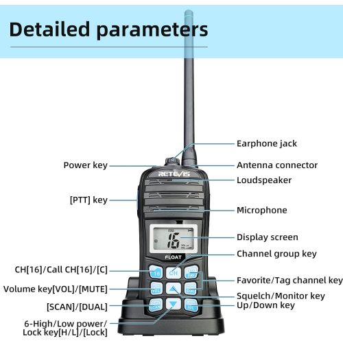  [아마존베스트]Retevis RT55 Marine Radio Handheld, Long Range Floating Walkie Talkie Waterproof IP67,NOAA Weather Alert Vibration Water Draining VHF Radio (1 Pack)