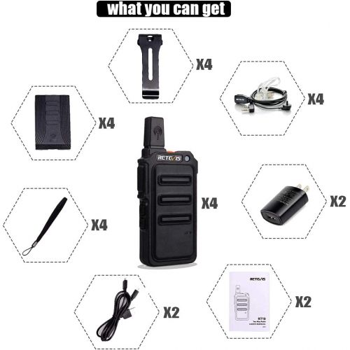  [아마존베스트]Retevis RT19 Walkie Talkies Adults Rechargeable,2 Way Radios Long Range,Portable FRS Two-Way Radios,Mini,Hands Free,1300mAh Battery,Metal Clip,with Earpiece(4 Pack)