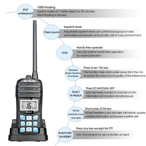  Retevis RT55 Marine Radio Floating Long Range Waterproof Handheld VHF Radio with NOAA Weather Alert and Vibration Water Draining Function(1 Pack)