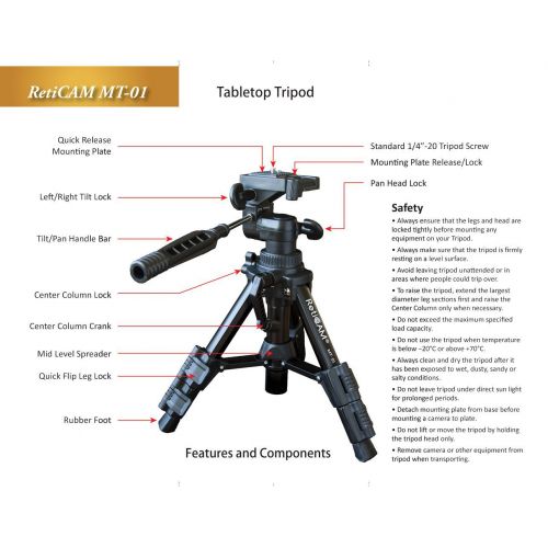  RetiCAM Tabletop Tripod with 3-Way PanTilt Head, Quick Release Plate and Carrying Bag - MT01 Mini Tripod, Aluminum, Black