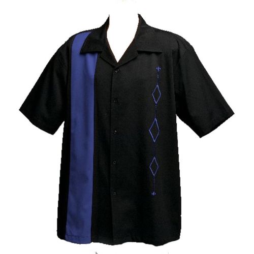  Designs by Attila Mens Retro Bowling Shirt, BIG TALL, Royal Blue on Black
