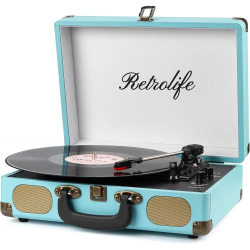  Retrolife Record Player with Speakers 3-Speed Bluetooth Suitcase Portable Belt-Driven RCA Line Out AUX in Headphone Jack Vinyl Vintage Turntable