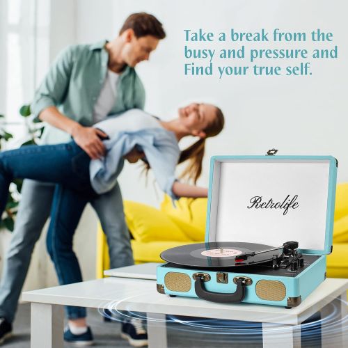  Retrolife Record Player with Speakers 3-Speed Bluetooth Suitcase Portable Belt-Driven RCA Line Out AUX in Headphone Jack Vinyl Vintage Turntable