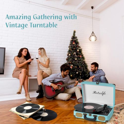  Retrolife Record Player with Speakers 3-Speed Bluetooth Suitcase Portable Belt-Driven RCA Line Out AUX in Headphone Jack Vinyl Vintage Turntable