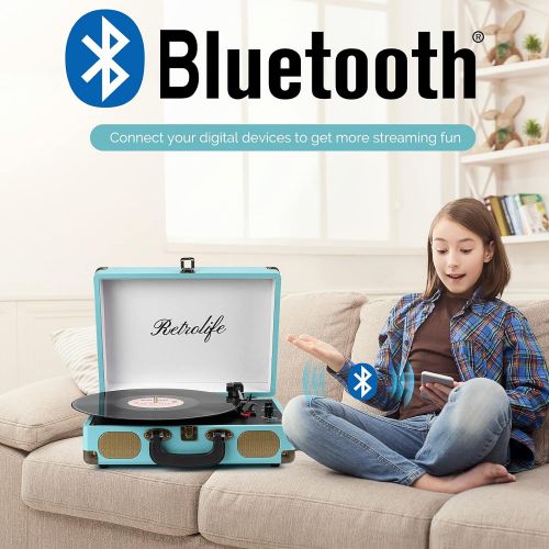  Retrolife Record Player with Speakers 3-Speed Bluetooth Suitcase Portable Belt-Driven RCA Line Out AUX in Headphone Jack Vinyl Vintage Turntable