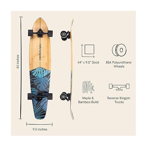  Retrospec Zed Cruiser & Pintail Longboard Skateboard Complete Cruiser | Bamboo & Canadian Maple Wood Cruiser w/Reverse Kingpin Trucks for Commuting, Cruising, Carving & Downhill Riding