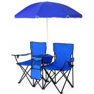 ReunionG Double Portable Camping Chairs, Outdoor Picnic Folding Chairs with Removable Umbrella & Mini Table Carrying Bag, Shade Chair for Beach, Patio, Pool, Park (Blue)