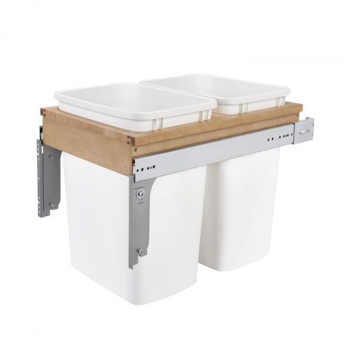  Rev-A-Shelf 4WCTM-18DM2 35 Quart Pull-Out Double Waste Trash Container Bin for Base Kitchen Cabinet, White & Maple