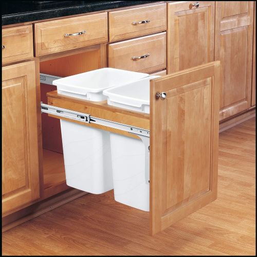  Rev-A-Shelf 4WCTM-18DM2 35 Quart Pull-Out Double Waste Trash Container Bin for Base Kitchen Cabinet, White & Maple