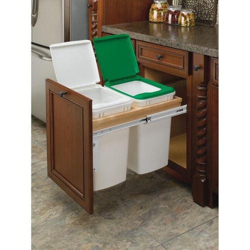  Rev-A-Shelf 4WCTM-18DM2 35 Quart Pull-Out Double Waste Trash Container Bin for Base Kitchen Cabinet, White & Maple