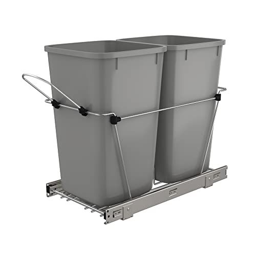  Rev-A-Shelf RV-15KD-17C S Double 27 Quart Sliding Pull Out Waste Bin Container for Base Kitchen Cabinet with 11-Inch Opening, Gray