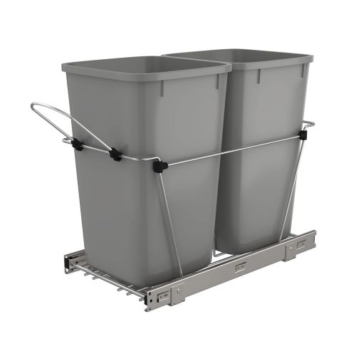  Rev-A-Shelf RV-15KD-17C S Double 27 Quart Sliding Pull Out Waste Bin Container for Base Kitchen Cabinet with 11-Inch Opening, Gray