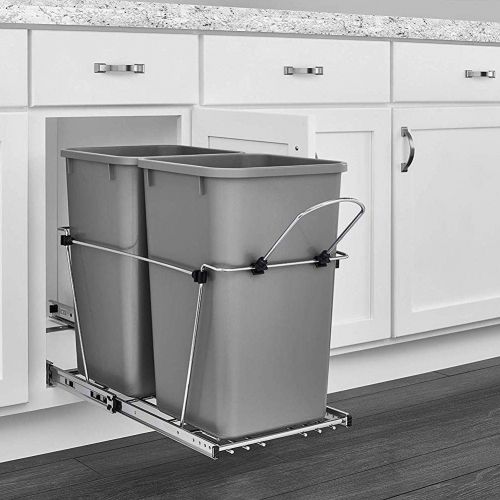  Rev-A-Shelf RV-15KD-17C S Double 27 Quart Sliding Pull Out Waste Bin Container for Base Kitchen Cabinet with 11-Inch Opening, Gray