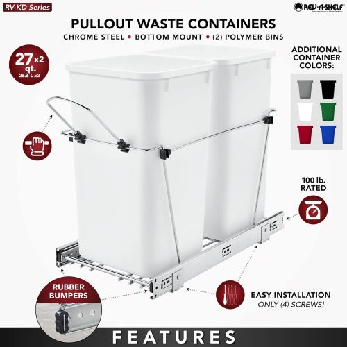  Rev-A-Shelf RV-15KD-17C S Double 27 Quart Sliding Pull Out Waste Bin Container for Base Kitchen Cabinet with 11-Inch Opening, Gray